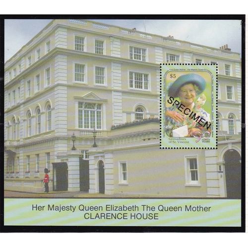 GRENADINES ST VINCENT 1990 BIRTHDAY QUEEN MUM SPECIMEN CLARENCE HOUSE S/S MNH