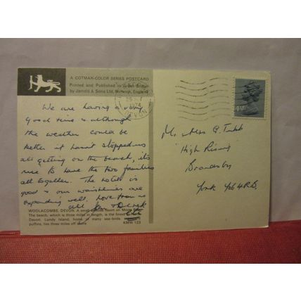 WOOLACOMBE SANDS, DEVON. used postcard by Jarrold 1974 pm =