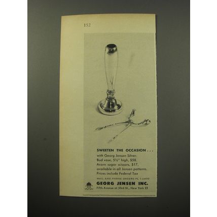 1955 Georg Jensen Bud Vase and Acorn Sugar Scissors Ad - Sweeten the Occasion