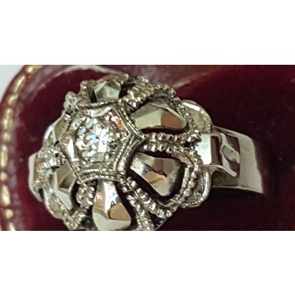 Antique European Gothic 18K White Gold .25ct Diamond Ornate Filigree Ring