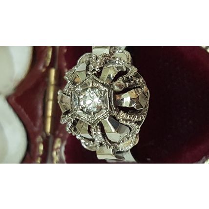 Antique European Gothic 18K White Gold .25ct Diamond Ornate Filigree Ring