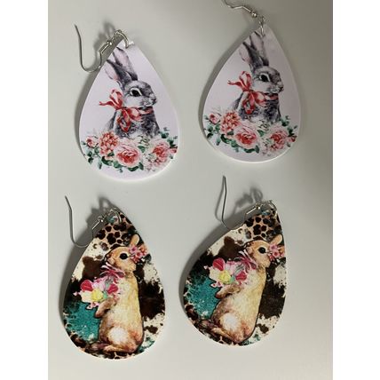 Earrings Farm Animal Bunnies with Flowers 2 Pair #753