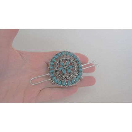 Turquoise blue and silver metal tribal hair slide clip barrette