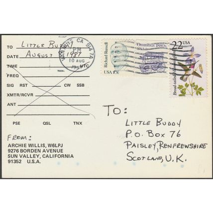 QSL - Archie Willis - W6LPJ - Sun Valley, California, 1987 - Phil Mendez