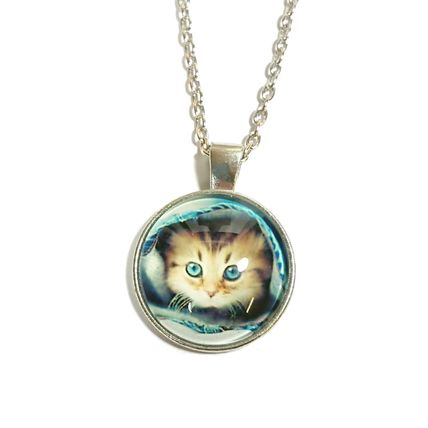 Cat Kitten Wolf Moonlight Wolves Sunset Bronze Silver Cabochon Pendant Necklace