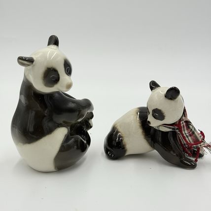 VINTAGE Lomonosov Glazed Porcelain Panda Bears USSR 5” Mom and Baby Figurines