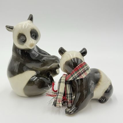 VINTAGE Lomonosov Glazed Porcelain Panda Bears USSR 5” Mom and Baby Figurines
