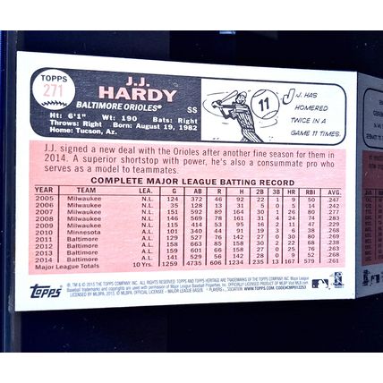 J.J. HARDY 2015 TOPPS HERITAGE BASEBALL CARD #271