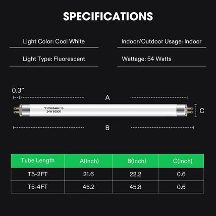 VIVOSUN T5 Grow Light Bulbs 2 Ft 22 Inches, 24W 6500K HO Fluorescent Tubes Light
