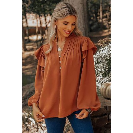 Orange Ruffled Pleated Buttoned V Neck Blouse
