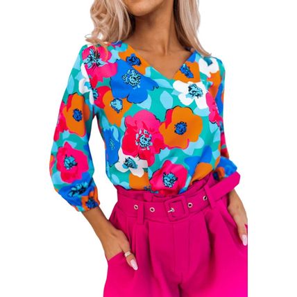 Multicolor Floral Print V Neck 3/4 Sleeve Blouse