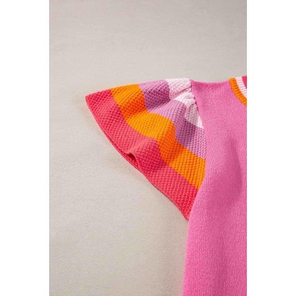 Bright Pink Contrast Flutter Sleeves Knitted Sweater T Shirt