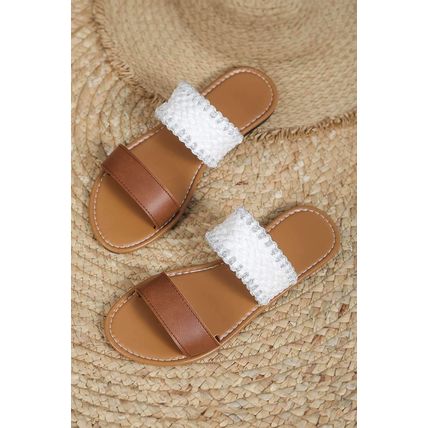 Chestnut Faux Leather Woven Strap Flat Slippers