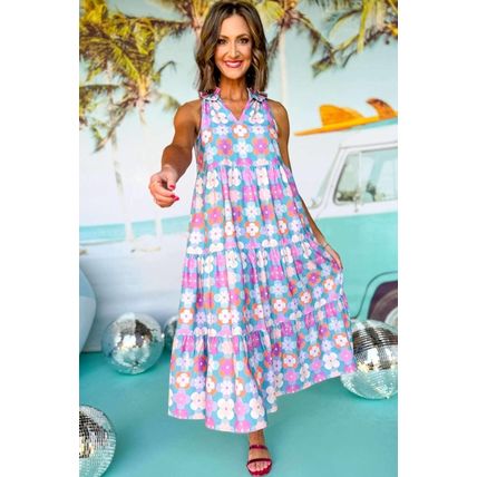 Sky Blue Floral Print Frilly Neck Sleeveless Tiered Maxi Dress