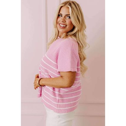 Pink Stripe Ribbed Loose Plus T Shirt
