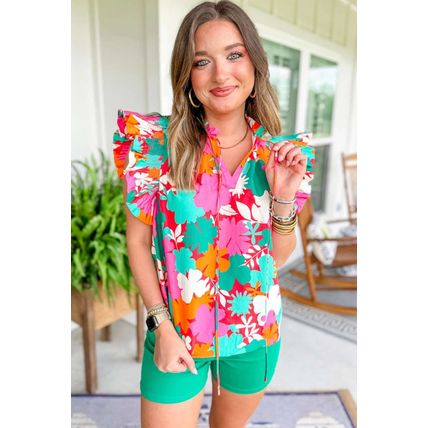 Green Floral Tie Split Neck Ruffle Trim Blouse