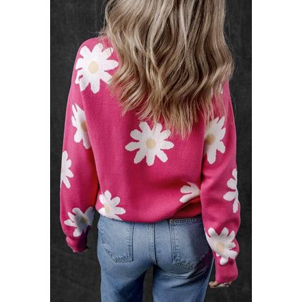 Bright Pink Daisy Flower Crew Neck Long Sleeve Sweater