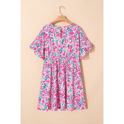 White Plus Size Floral Print Frilled Short Sleeve Flare Dress