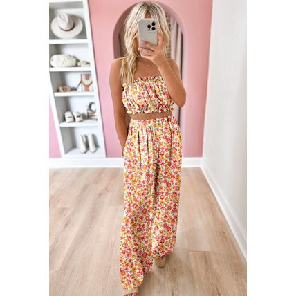 Pink Boho Floral Bandeau Top and High Waist Wide Leg Pants Set