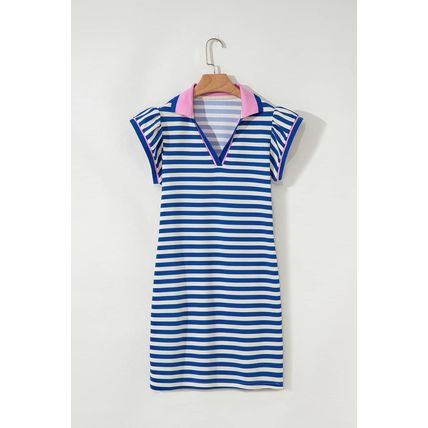 Dark Blue Stripe Print Contrast Collar Split Neck Flutter Sleeve Short Dress