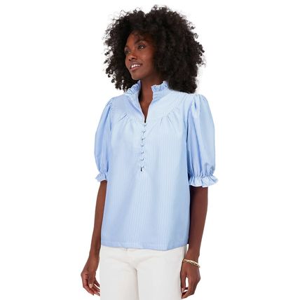 Sky Blue Stripe Ruffled Collar Puff Sleeve Half Buttons Blouse