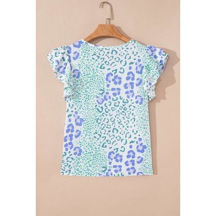 Sky Blue Leopard Layered Ruffle Short Sleeve Casual Blouse