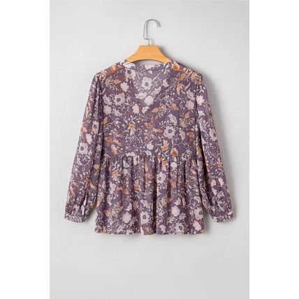 Blue Boho Flower Print 3/4 Sleeve Babydoll Blouse