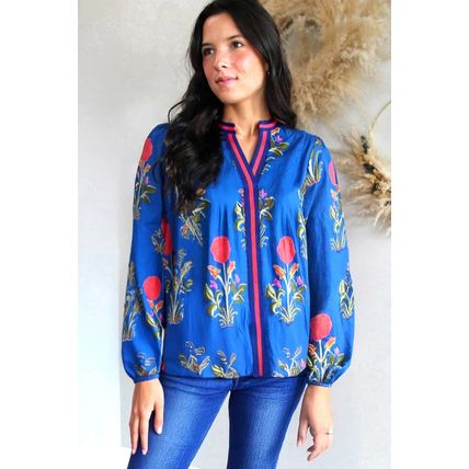Blue Floral Print Contrast Striped Trim Notched Neck Long Sleeve Blouse