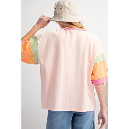 Pink Sequined Horseshoes Pattern Colorblock Half Sleeve Patchwork Tee