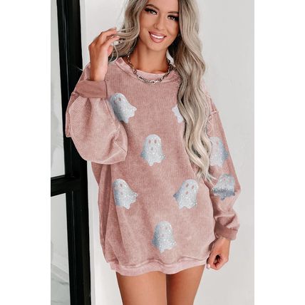 Pink Halloween Ghost Corded Crew Neck Loose Sweatshirt
