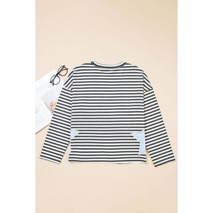 Gray Stripe Starry Patch Drop Shoulder Raw Edge Casual Knit Top
