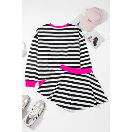 Black Stripe Contrast Ribbed Banding Long Sleeve Blouse Loose Shorts Set