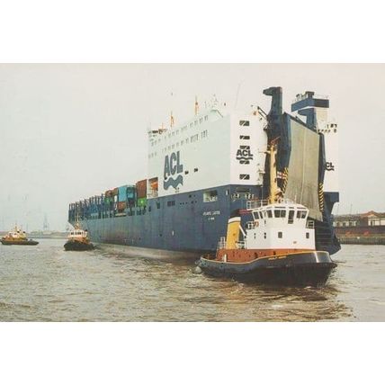 ACL Atlantic Cartier Ship Maiden Voyage Liverpool Bramley Moore Tug Postcard
