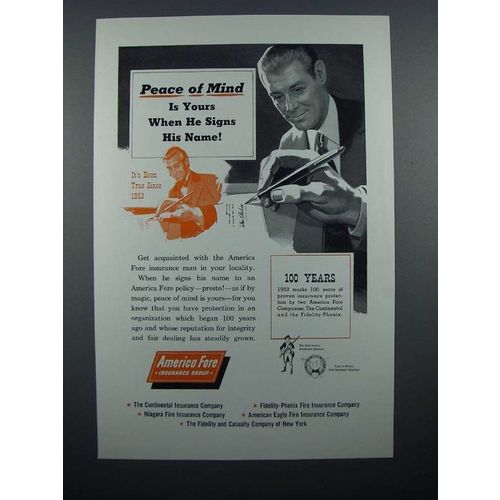 1953 America Fore Insurance Ad - Peace of Mind