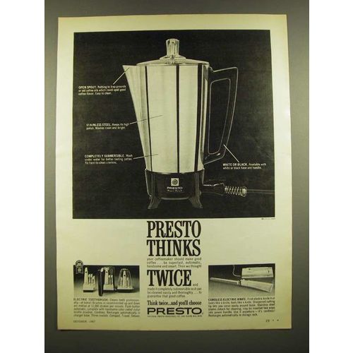 1967 Presto Coffemaker, Electric Toothbrush and Cordless Electric Knife Ad