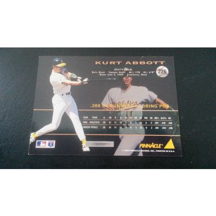 1994 Pinnacle Card # 226 Kurt Abbott Autograph Oakland Athletics