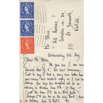 Queen Elizabeth Ship 1960s Cruise Posted On Board Postcard
