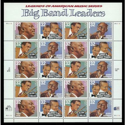 Big Band Leaders Music Legends 32 Cent Sheet of 20 Postage Stamps Scott 3096-99