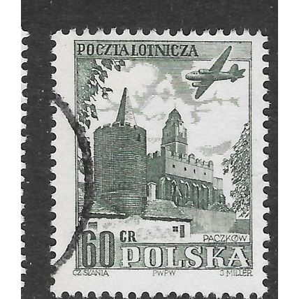 POLAND 1952 AIR MAIL BUILDING PACZKOW PLANE OVER USED MILLER ENGRAVED