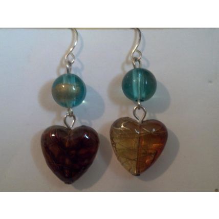 Amber Heart Earrings Golden Swirl Aqua Beaded Heart Pierced Earrings 1-3/4"
