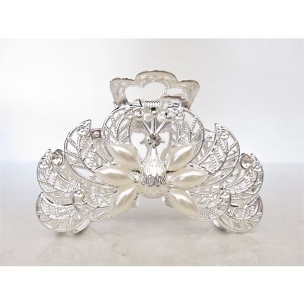 Silver metal peacock faux pearl and clear crystal hair claw clip bridal clip