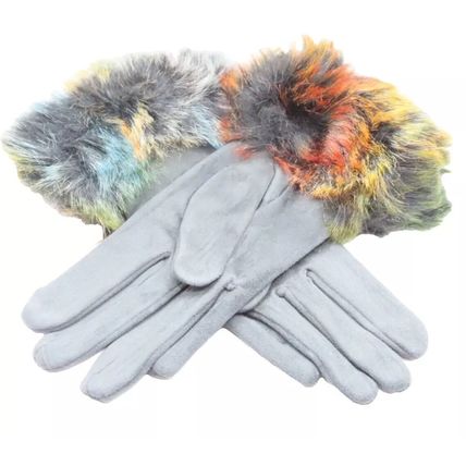Ladies Gloves Grey with Multicoloured Faux Fur Trim 24 CM Clothing Accessory