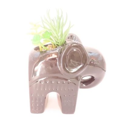 Ceramic Black Elephant Figurine/Ornament 13 CM with Faux Plastic Plants Gift
