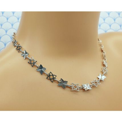 Vintage 925 Sterling Silver Diamond Cut Star Design Panel Link Chain Necklace