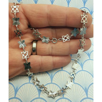 Vintage 925 Sterling Silver Diamond Cut Star Design Panel Link Chain Necklace