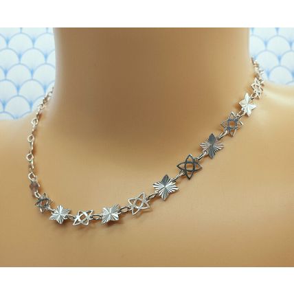 Vintage 925 Sterling Silver Diamond Cut Star Design Panel Link Chain Necklace