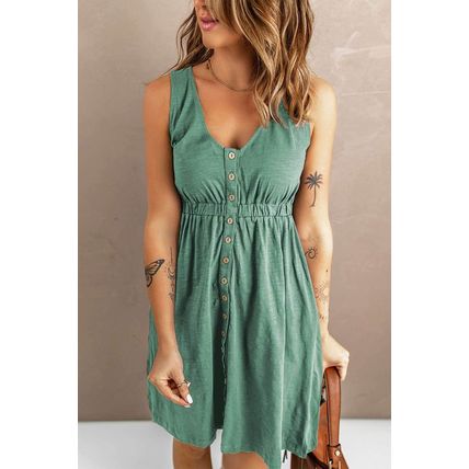 Green Buttons Sleeveless High Waist Mini Dress