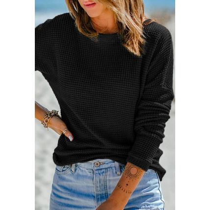 Black Waffle Knit Drop Shoulder Long Sleeve Top