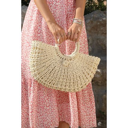 Beige Bamboo Weaving Semicircle Tote Handbag