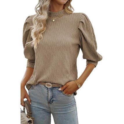 Simply Taupe Vintage Textured Puff Sleeve Mock Neck Top